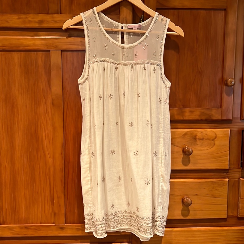 Calypso St. Barth Cream Cotton and Silk Beaded Sleeveless Dress Size Small